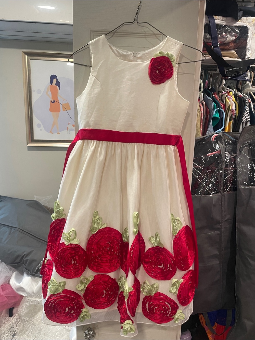 American Princess White Dress with Red Rose Appliqués